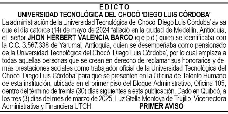 Edicto 1er. aviso John Hérberth Valencia Barco