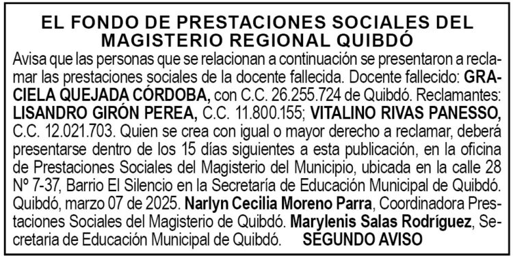 Edicto 2do. aviso Graciela Quejada Córdoba