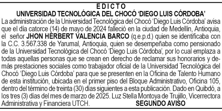 Edicto 2do. aviso Jhon Hérbert Valencia Barco
