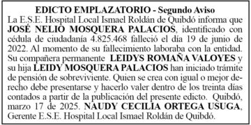 Edicto 2do. aviso José Nelio Mosquera Palacios