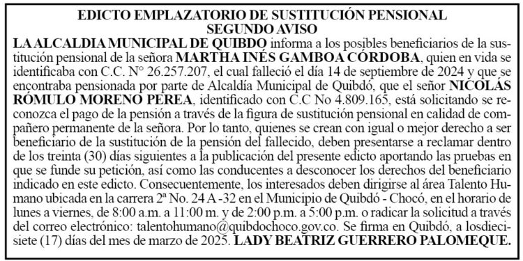 Edicto 2do. aviso Martha Inés Gamboa Córdoba