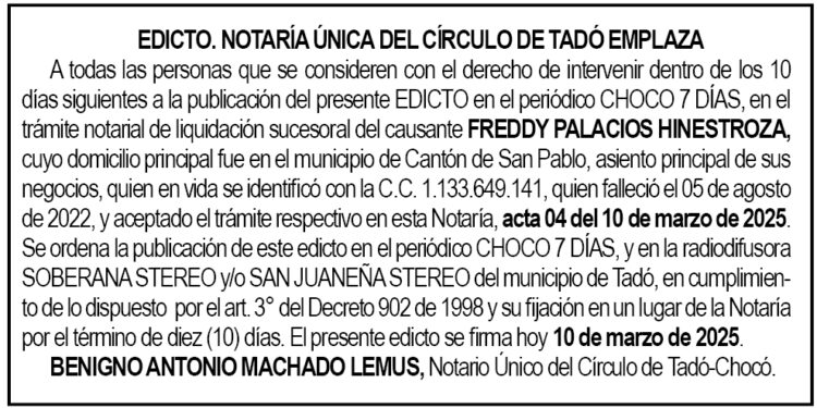 Edicto Freddy Palacios Hinestroza