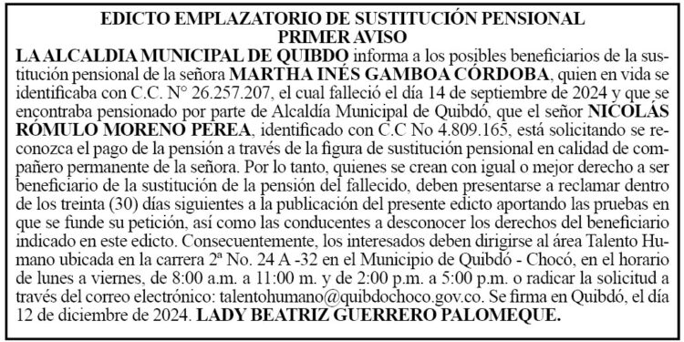 Edicto 1er. aviso Martha Inés Gamboa Córdoba