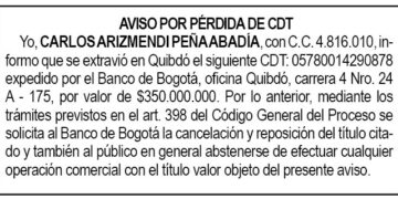 Pérdida CDT. Carlos Arizmendi Peña Abadía.
