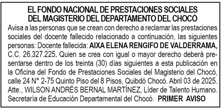 Edicto 1er. aviso Aixa Elena Rengifo de Valderrama