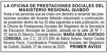 Edicto 1er. aviso María Abilia Hurtado Córdoba