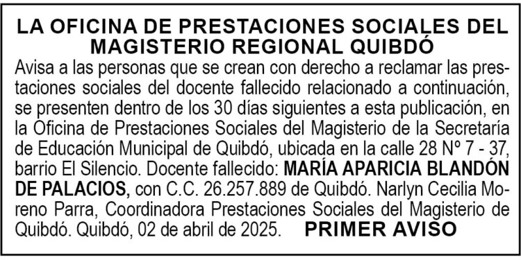 Edicto 1er. aviso María Aparicia Blandón de Palacios