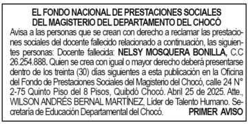 Edicto 1er. aviso Nelsy Mosquera Bonilla