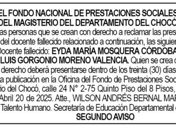 Edicto 2do. aviso Eyda María Mosquera Córdoba