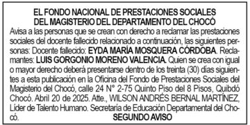 Edicto 2do. aviso Eyda María Mosquera Córdoba