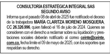 Edicto 2do. aviso María Claritza Moreno Mosquera
