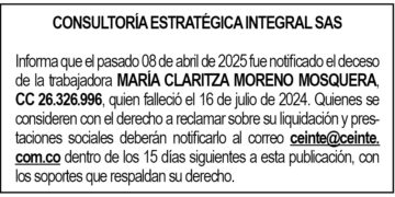 Edicto María Claritza Moreno Mosquera
