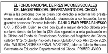Edicto 1er. aviso Danilo Emir Perea Panesso