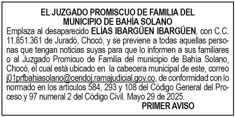 Edicto 1er. aviso Elías Ibargüen Ibargüen (desaparecido)