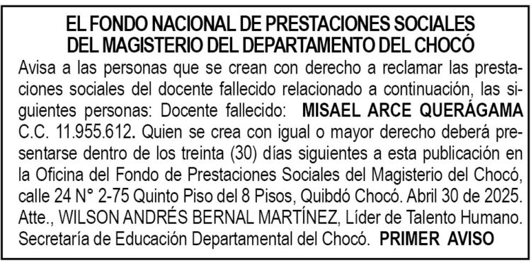 Edicto 1er. aviso Misael Arce Querágama