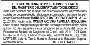 Edicto 2do. aviso María Bertilda Torres de Asprilla