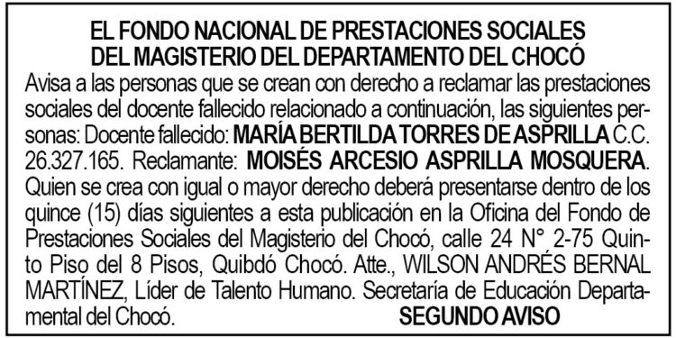 Edicto 2do. aviso María Bertilda Torres de Asprilla