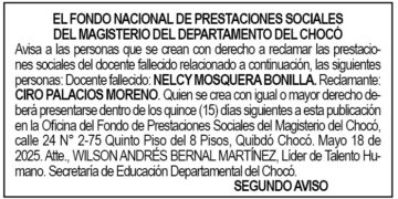 Edicto 2do. aviso Nelcy Mosquera Bonilla
