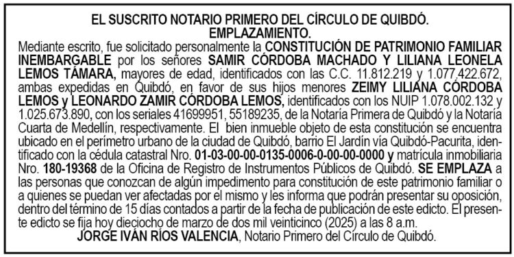 Edicto patrimonio familiar inembargable