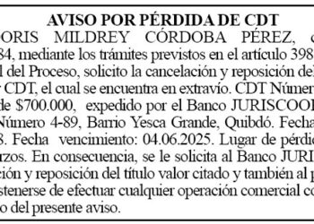 Pérdida CDT Doris Mildrey Córdoba Pérez