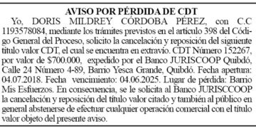 Pérdida CDT Doris Mildrey Córdoba Pérez