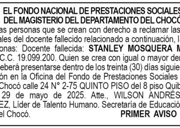 Edicto 1er. aviso Stanley Mosquera Martínez