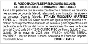 Edicto 1er. aviso Stanley Mosquera Martínez