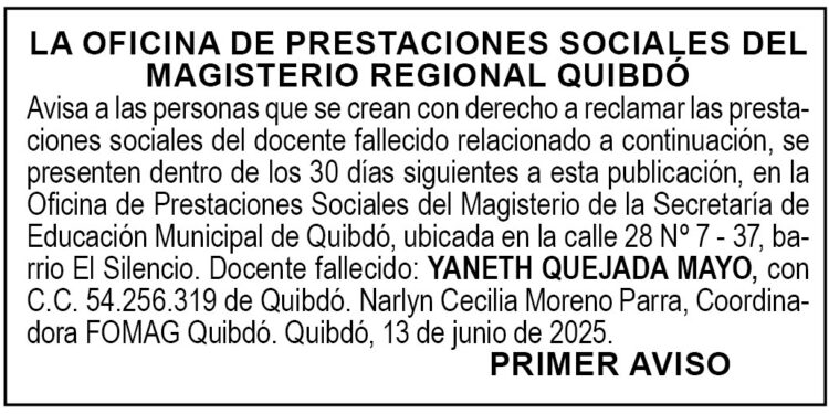 Edicto 1er. aviso Yaneth Quejada Mayo