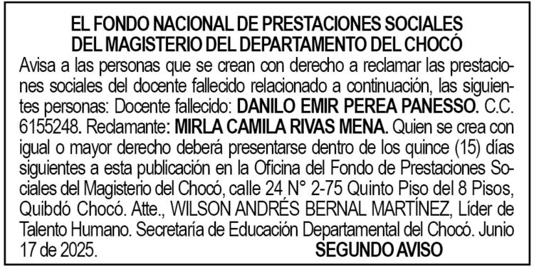 Edicto 2do. aviso Danilo Emir Perea Panesso
