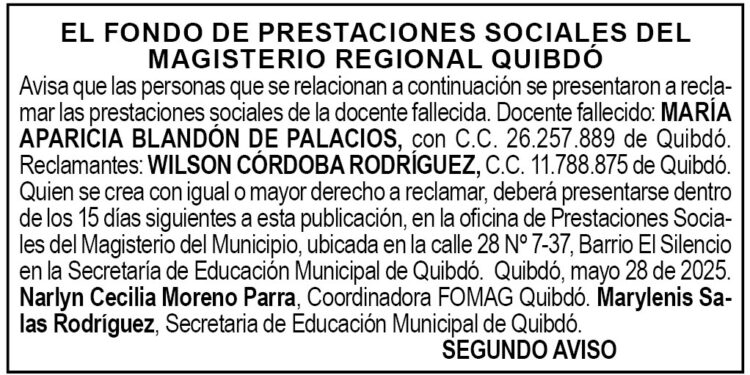 Edicto 2do. aviso María Aparicia Blandón de Palacios