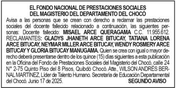 Edicto 2do. aviso Misael Arce Querágama