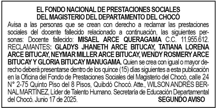 Edicto 2do. aviso Misael Arce Querágama