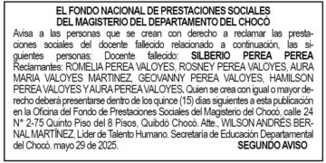 Edicto 2do. aviso Silberio Perea Perea