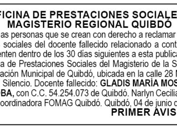 Edicto 1er. aviso Gladys María Mosquera Córdoba