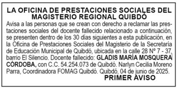 Edicto 1er. aviso Gladys María Mosquera Córdoba