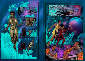 Noche de baile en Drexciya. La vida en Drexciya es más que guerra y ciencia. Los drexciyanos también aman la música y el baile, y lo hacen siempre que pueden". The Book of Drexciya. Novela Gráfica (Berlín, 2019). Idea original y pinturas de Abu Qadim Haqq. https://www.roots-routes.org/