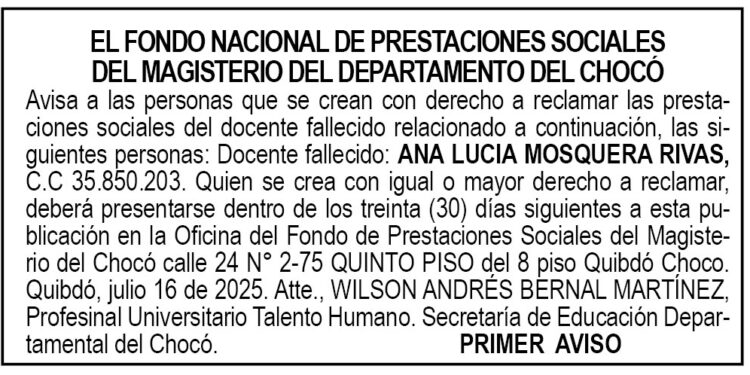 Edicto 1er. aviso Ana Lucía Mosquera Rivas