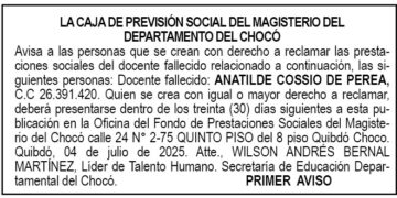 Edicto 1er. aviso Anatilde Cossio de Perea