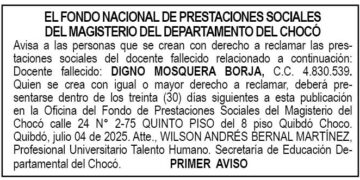Edicto 1er. aviso Digno Mosquera Borja