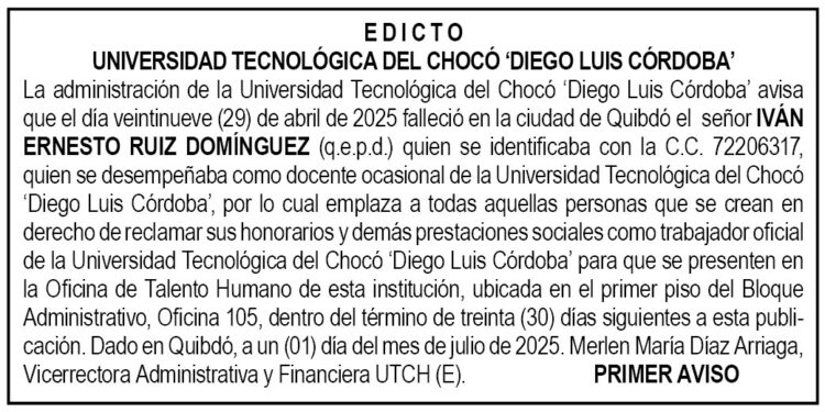 Edicto 1er. aviso Iván Ernesto Ruiz Domínguez
