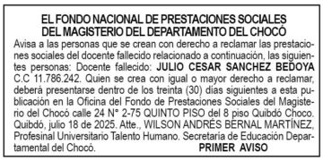 Edicto 1er. aviso Julio César Sánchez Bedoya