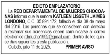 Edicto 1er. aviso Katleen Lisseth Jaimes Londoño
