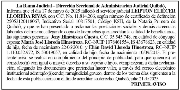 Edicto 1er. aviso Leipton Eliécer Lloreda Rivas