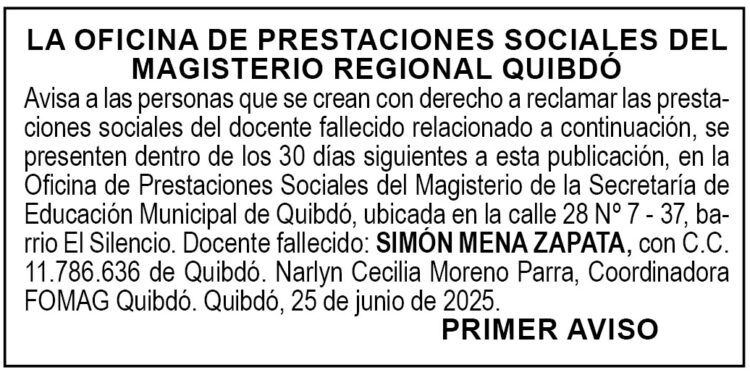 Edicto 1er. aviso Simón Mena Zapata