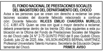 Edicto 1er. aviso Wlices Emilio Chaverra Murillo