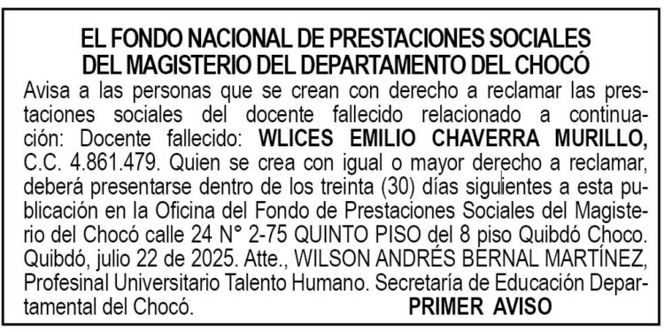 Edicto 1er. aviso Wlices Emilio Chaverra Murillo
