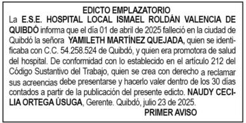 Edicto 1er. aviso Yamileth Martínez Quejada