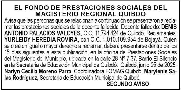 Edicto 2do. aviso Denis Antonio Palacios Valoyes