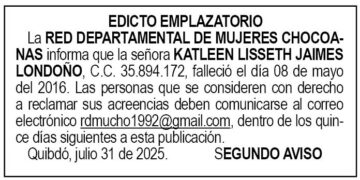 Edicto 2do. aviso Katleen Lisseth Jaimes Londoño