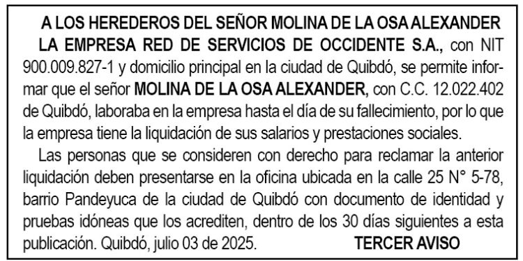 Edicto 3er. aviso Alexander Molina de la Osa